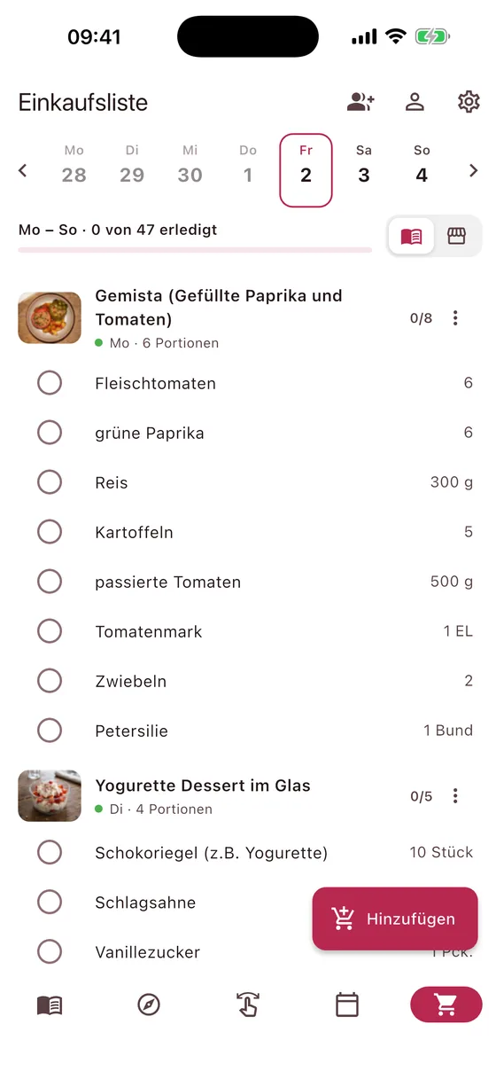 Einkaufsliste, nach Rezept sortiert