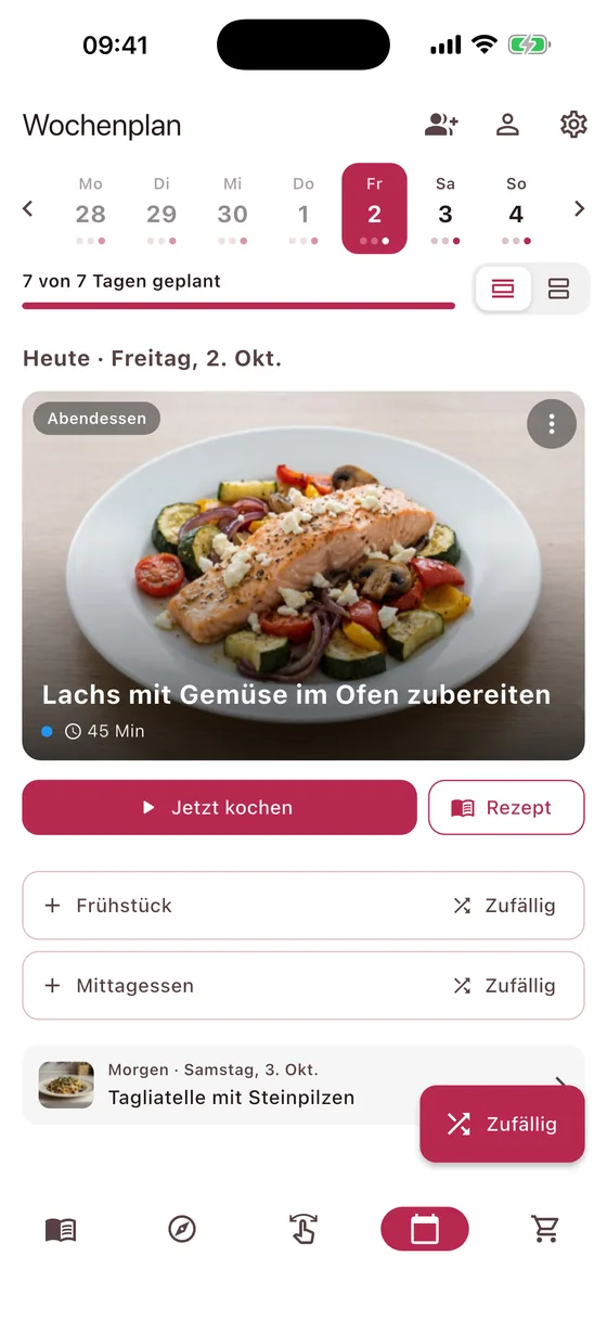 Wochenplan mit dem Abendessen für heute