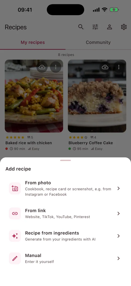 Add a recipe: from a photo, link or social media