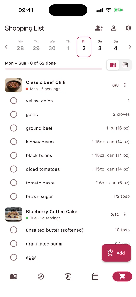 Shopping list, sorted by recipe