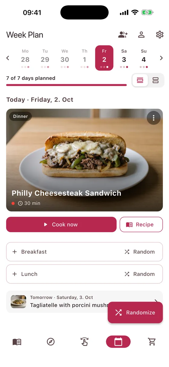 Week plan with today’s dinner