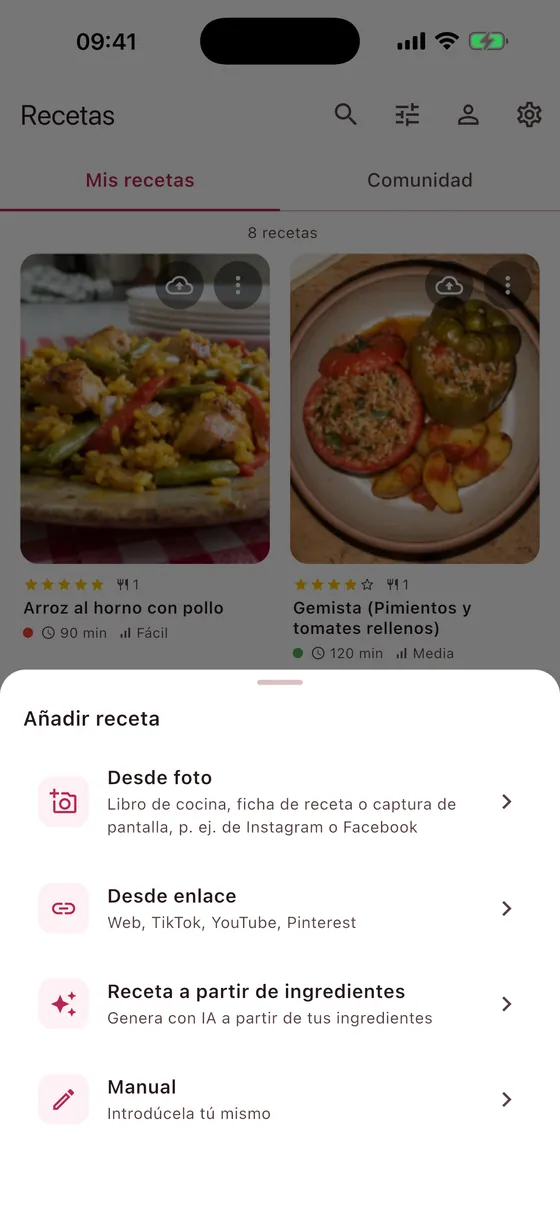 Añadir receta: por foto, enlace o redes sociales