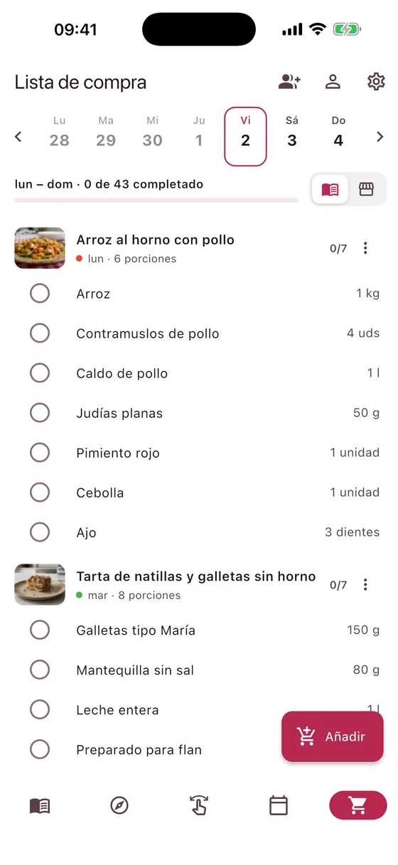 Lista de la compra ordenada por receta