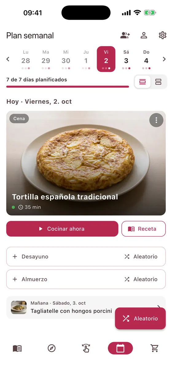 Plan semanal con la cena de hoy