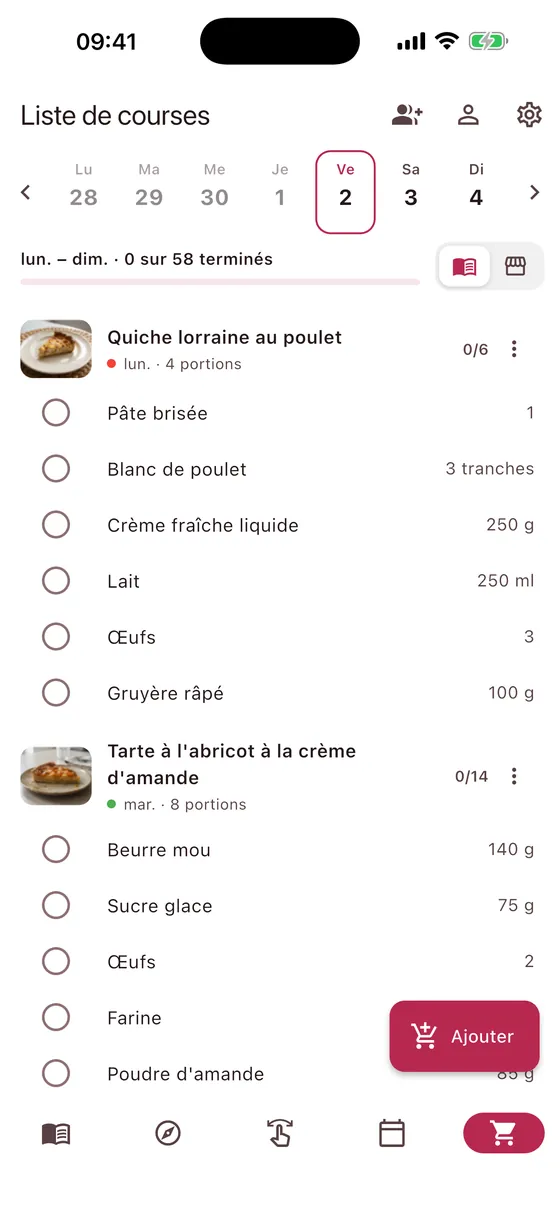 Liste de courses triée par recette