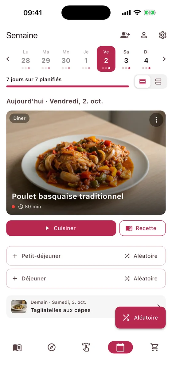 Planning avec le dîner d'aujourd'hui