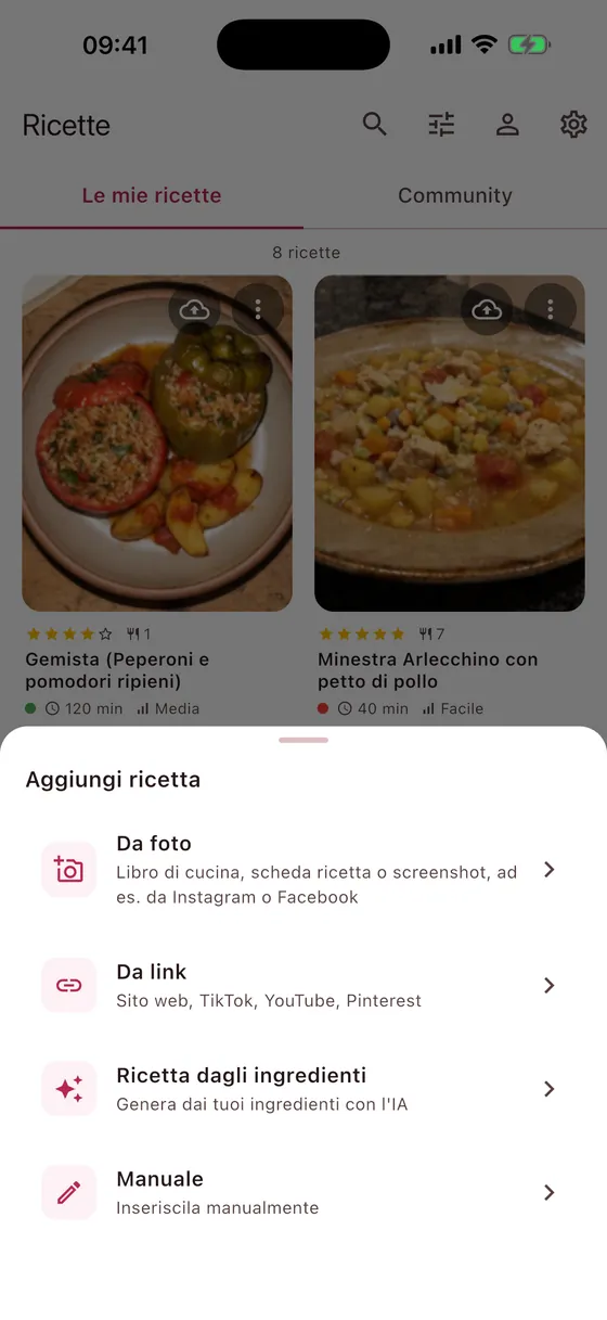Aggiungi ricetta: da foto, link o social