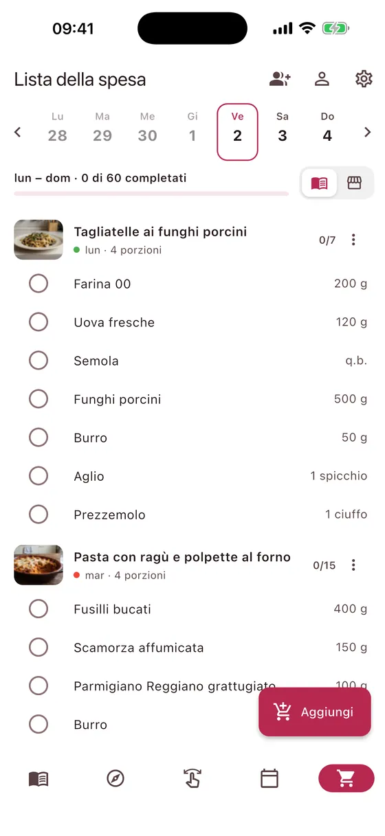 Lista della spesa ordinata per ricetta