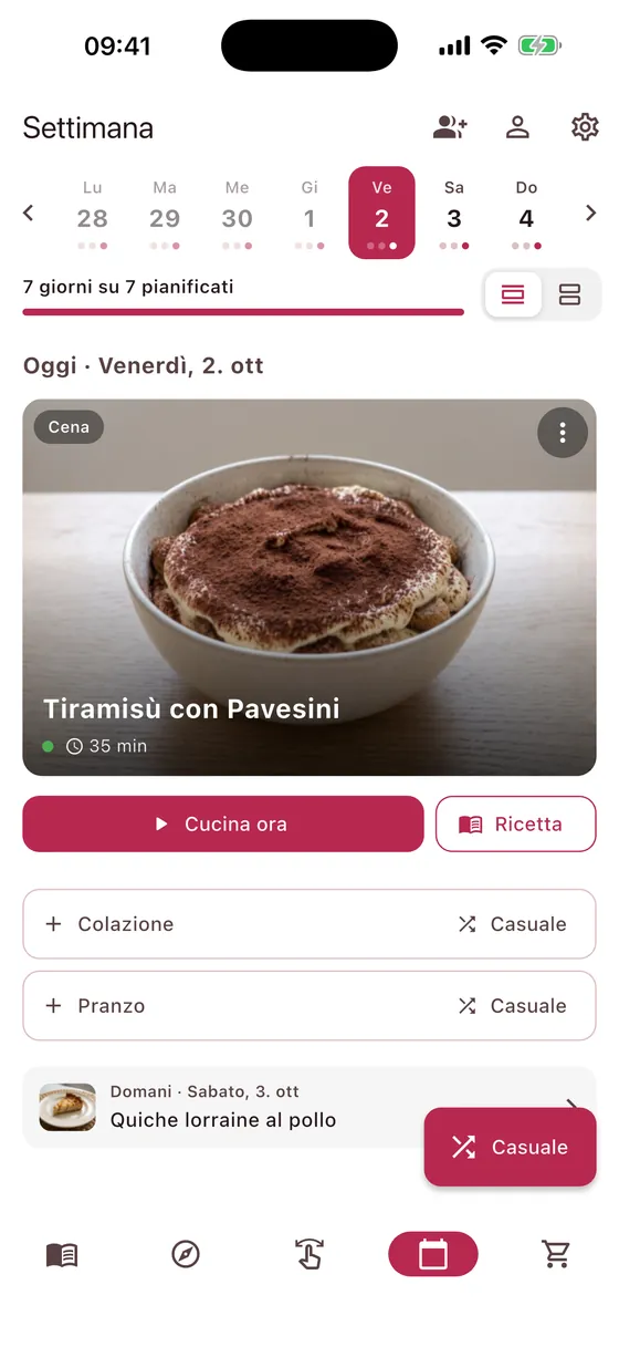 Piano settimanale con la cena di oggi