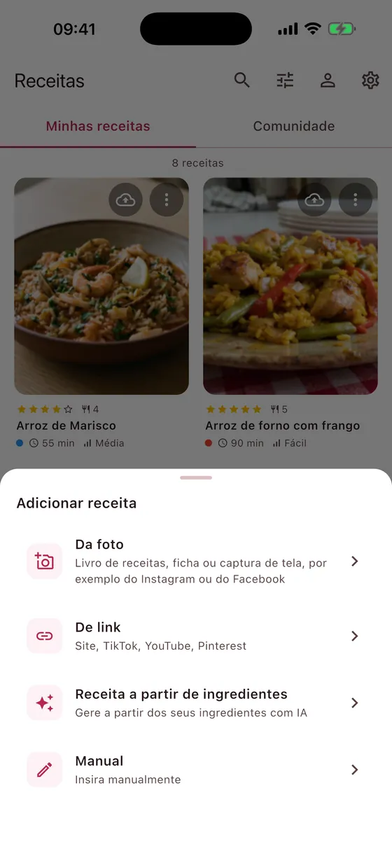 Adicionar receita: por foto, link ou redes sociais