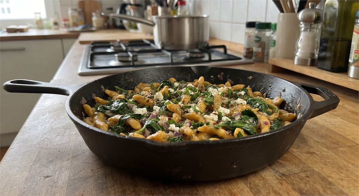 Pumpkin kitchen-scissor pasta with spinach