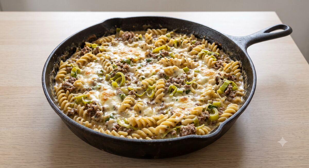 Salteado de carne picada y puerro con pasta