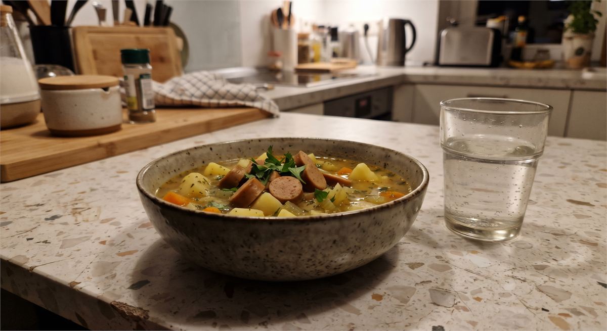 Grandma's potato soup with veggie sausages