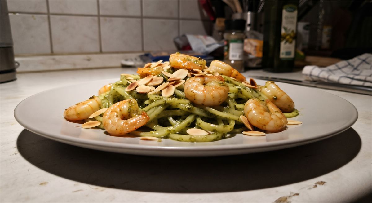Kohlrabi noodles with shrimp and almond pesto