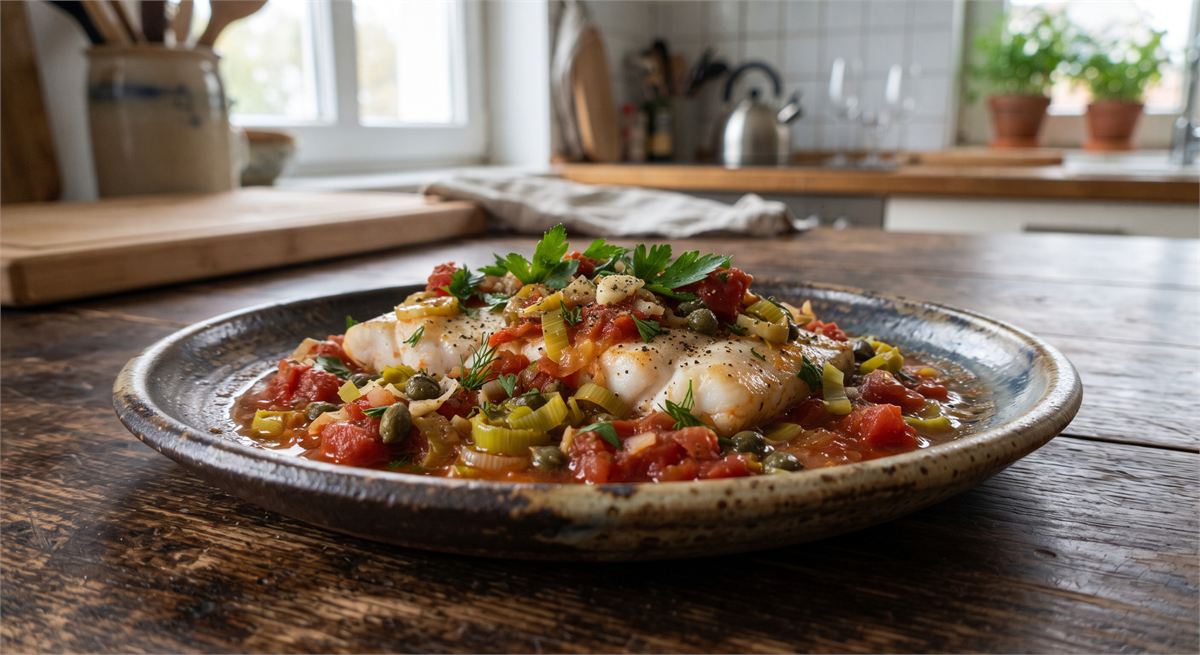 Cod fillets in tomato-leek-caper sauce