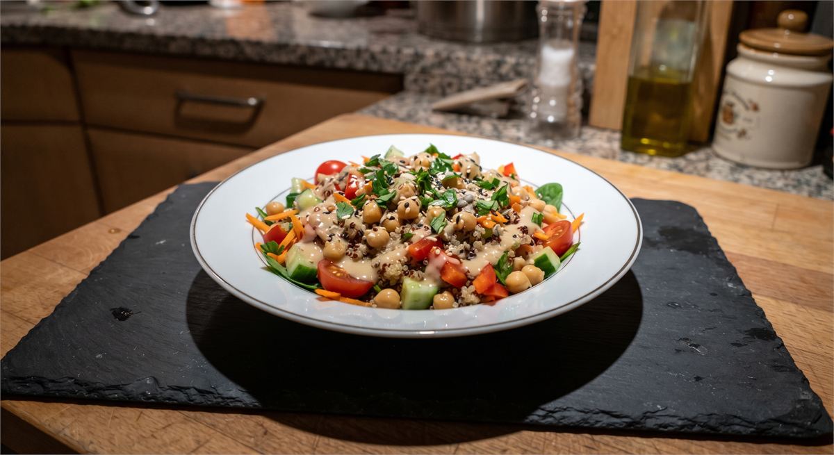 Quinoa salad with chickpeas and tahini dressing