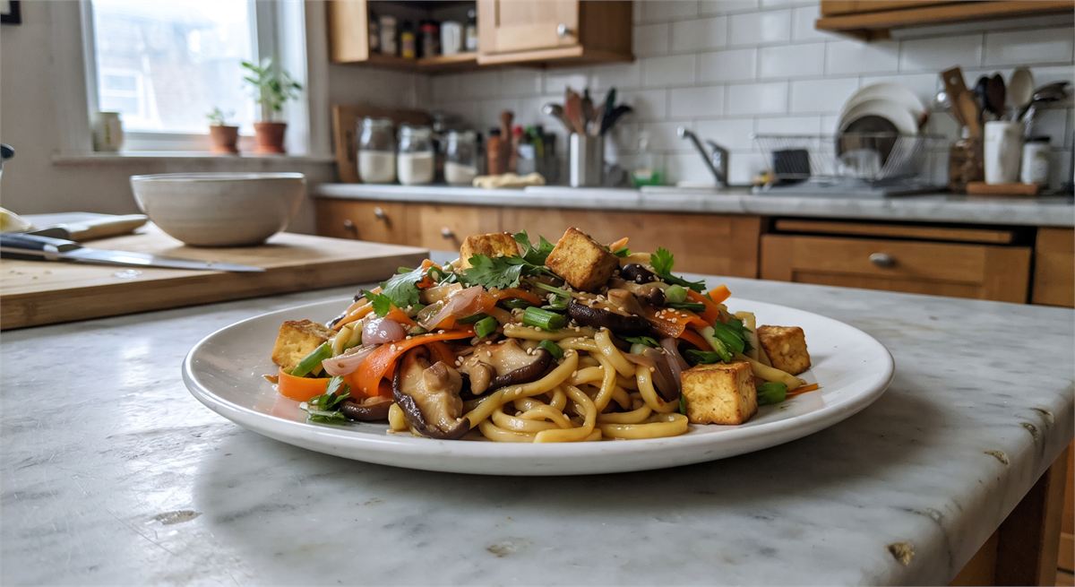 Makaron warzywny z grzybami i tofu