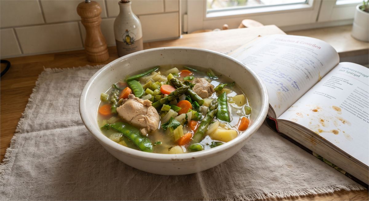 Chicken and vegetable pot with green asparagus