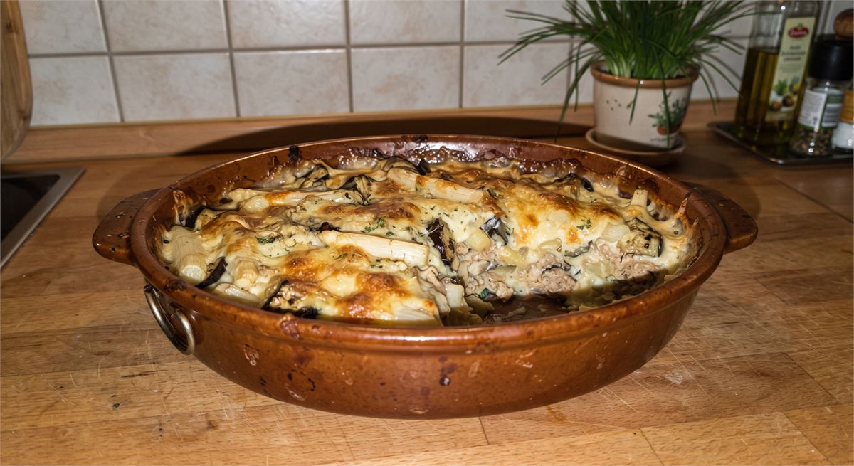 Vegetarisk sparrisgratäng med grillad aubergine