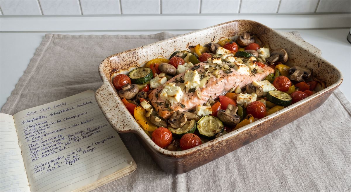 Łosoś low-carb z warzywami z piekarnika
