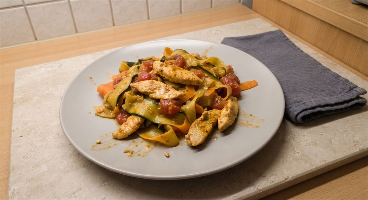 Talharim de abobrinha e cenoura com frango e tomate