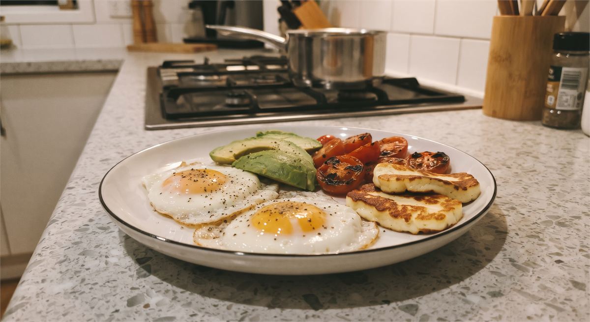 Hearty breakfast with fried egg, avocado and tomatoes