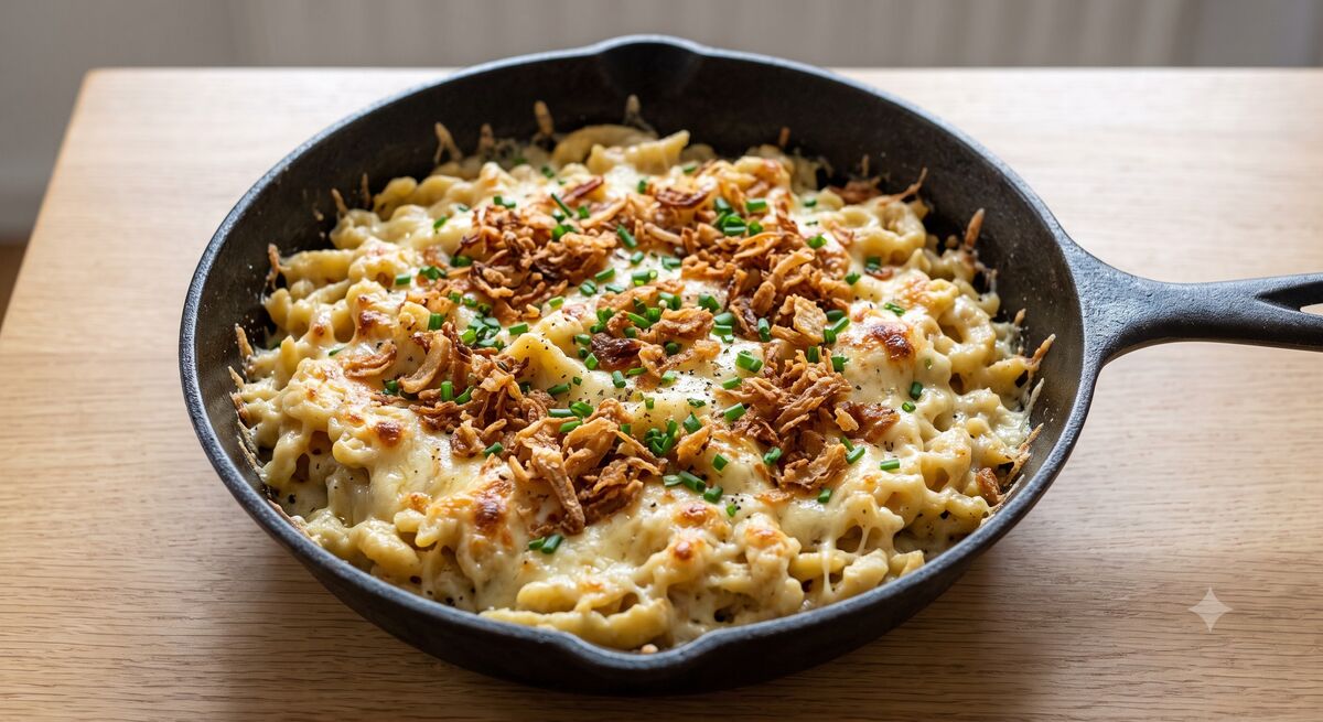 Spätzle al formaggio con cipolle croccanti