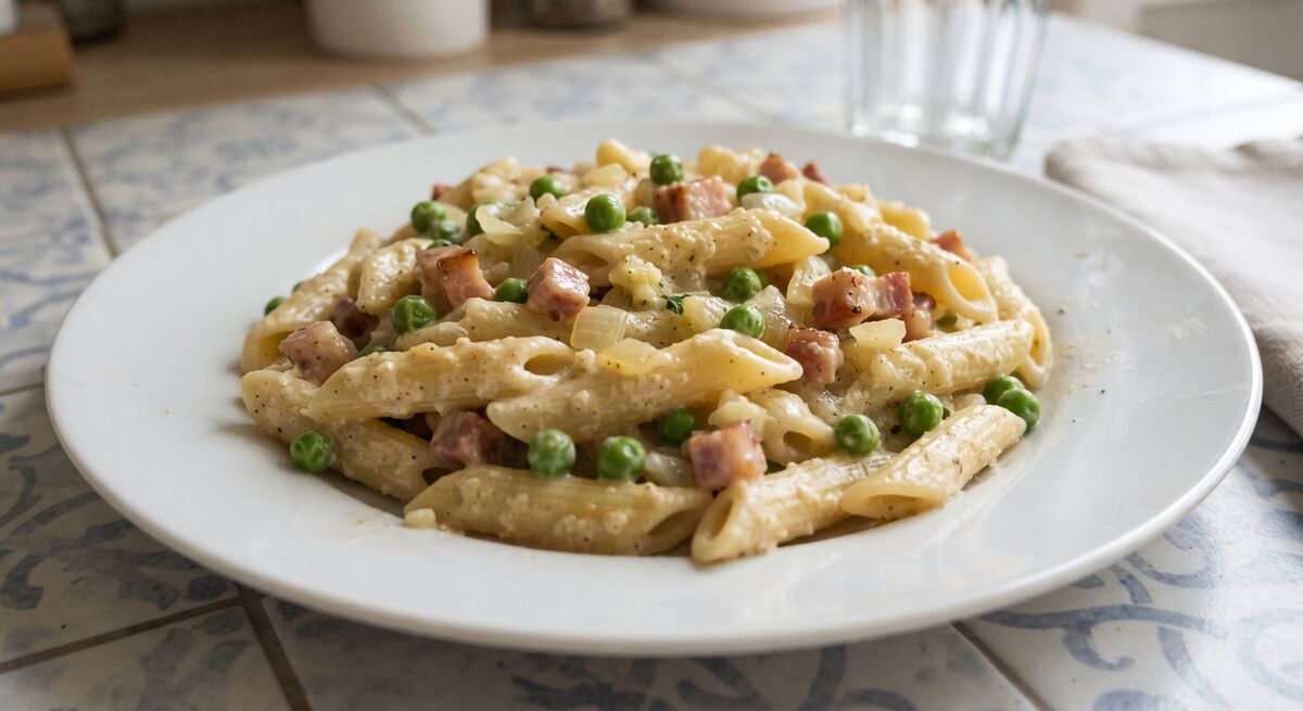 Massa com mascarpone, ervilhas e bacon
