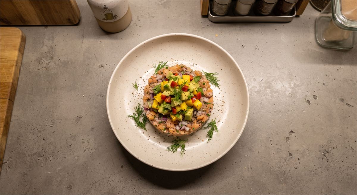 Smoked trout tartare with avocado-mango salsa