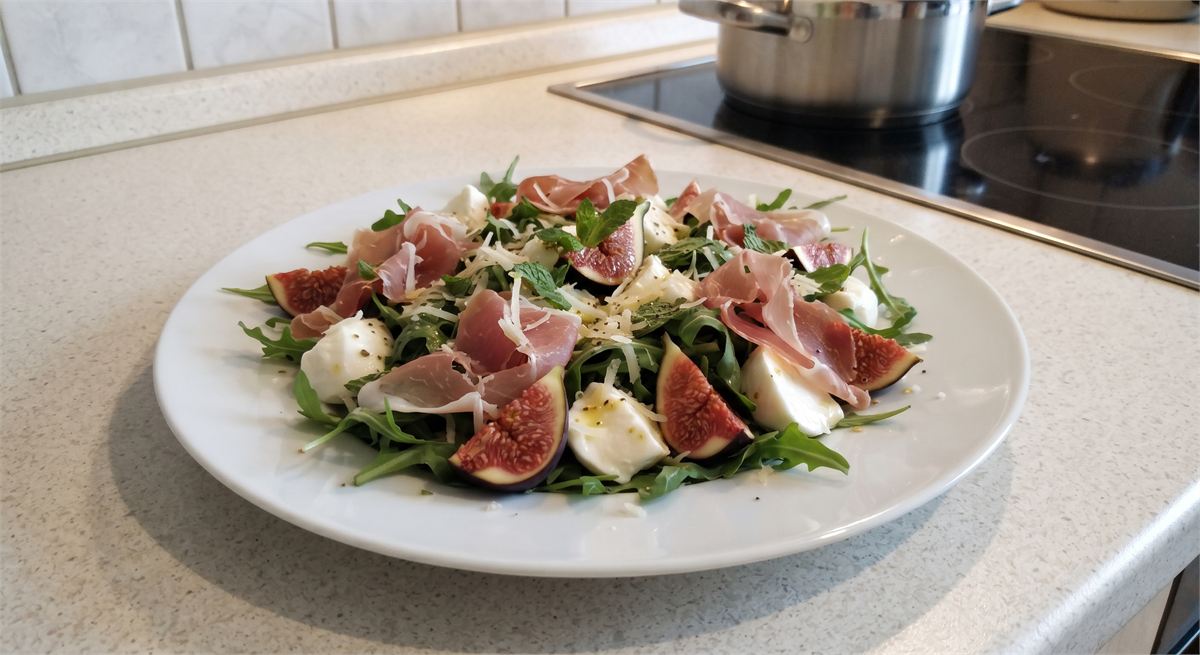 Salade de roquette aux figues, mozzarella et jambon de Parme