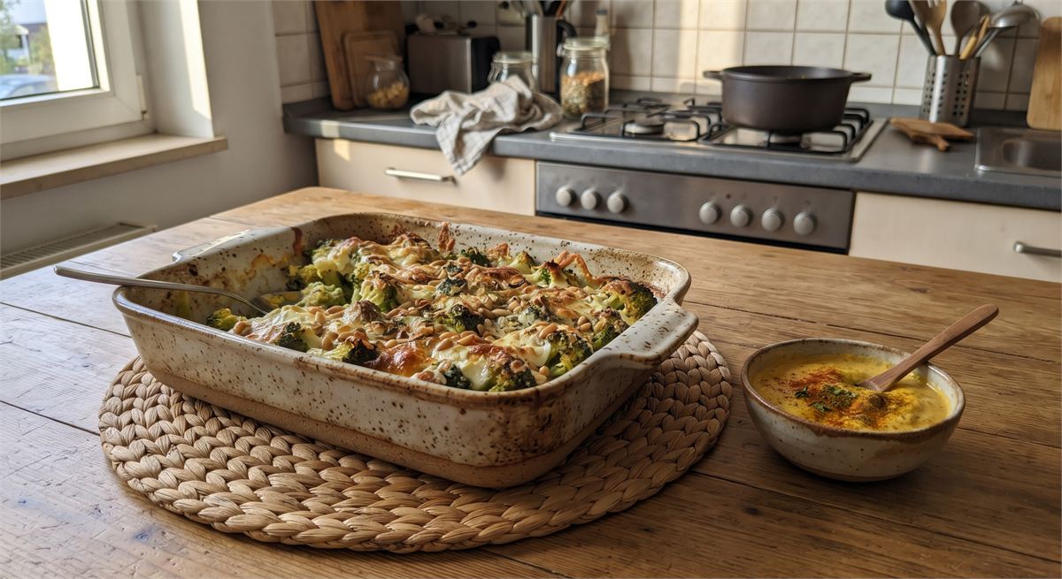 Gratinated broccoli with curry dip