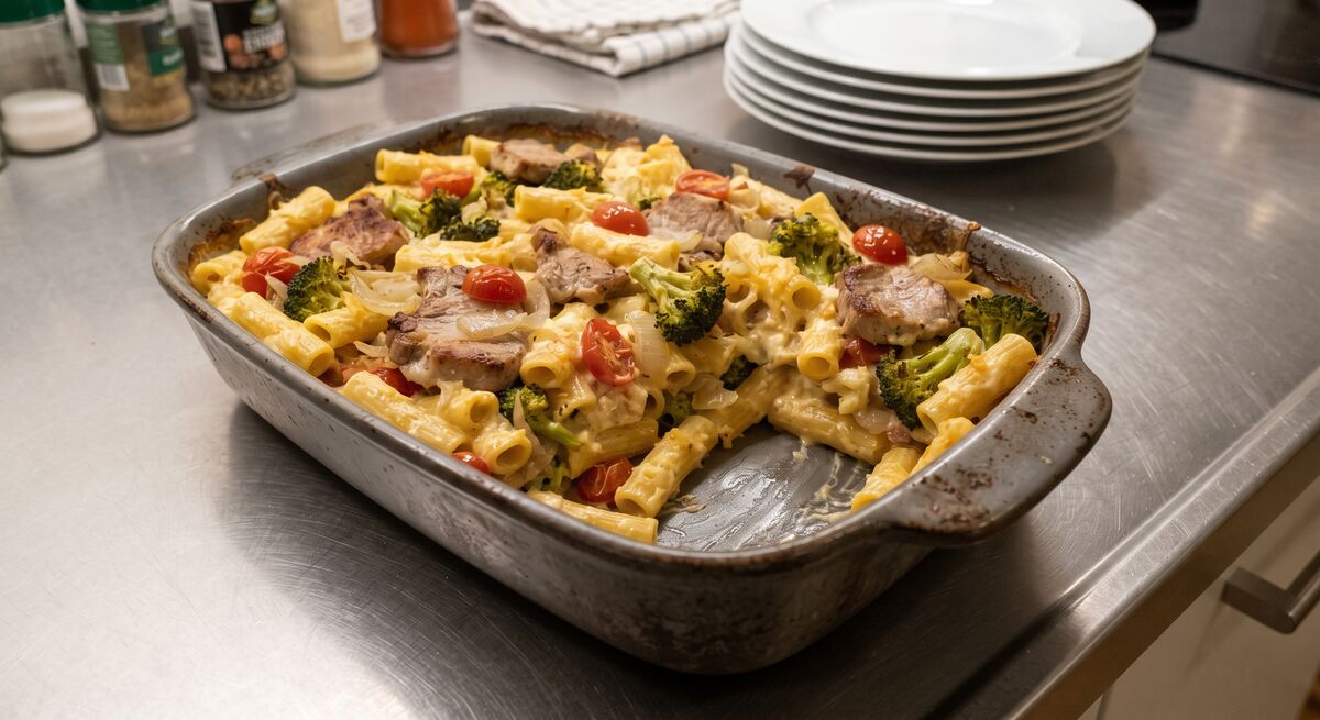 Zapiekanka z rigatoni, kotletami i brokułami