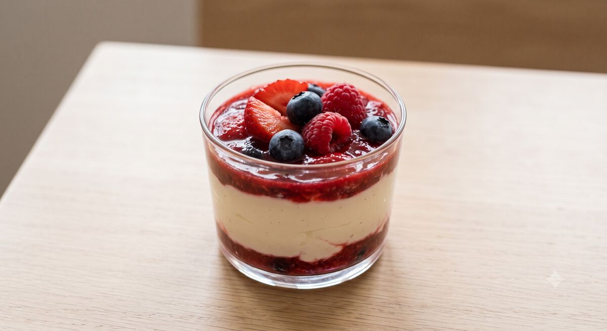 Bomba allo yogurt con frutti di bosco e salsa alla frutta