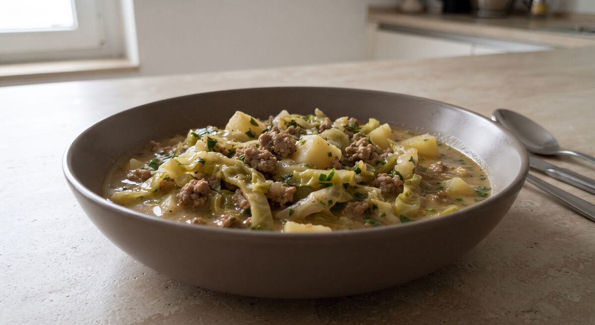 Stufato vegano di cavolo cappuccio a punta con patate e macinato