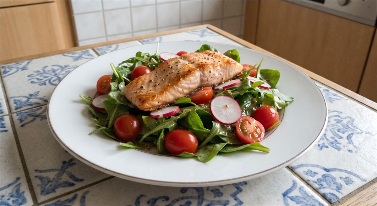 Grilled salmon on salad