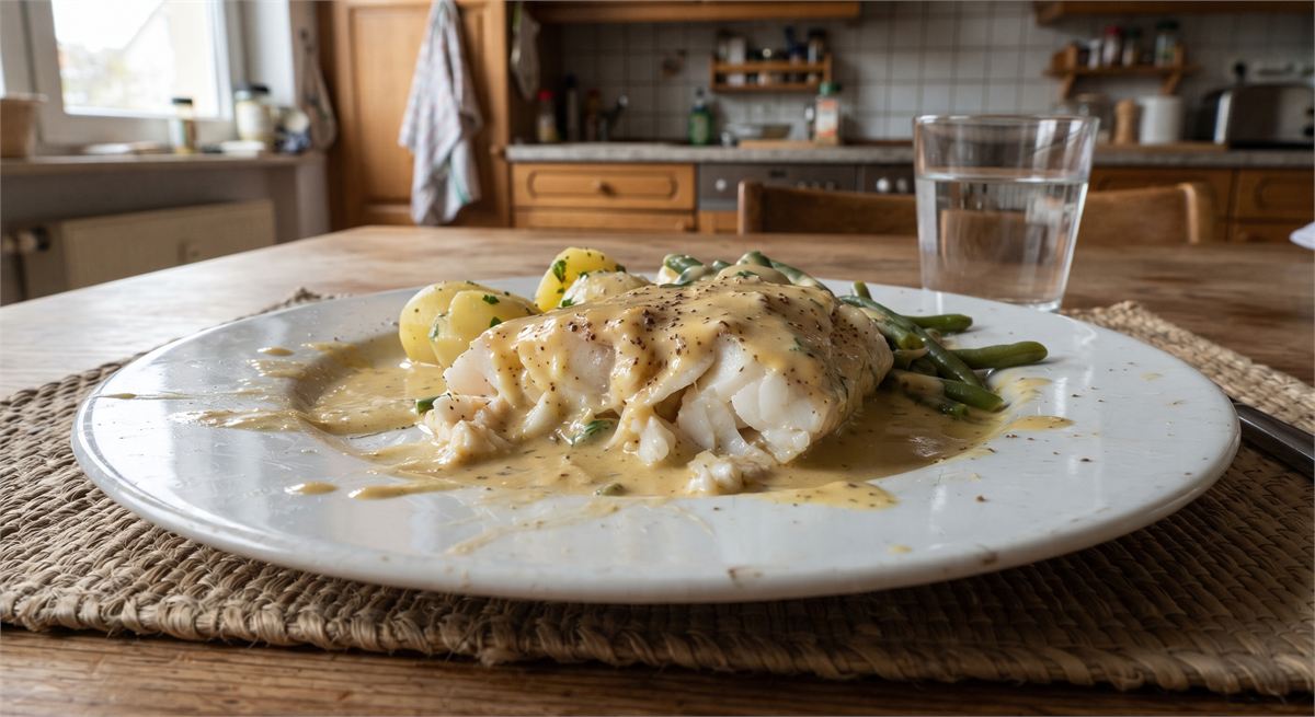 Steamed cod with mustard sauce