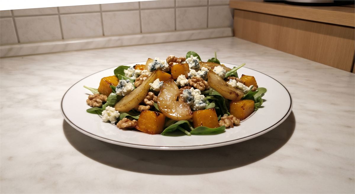 Herbstlicher Salat mit gebratenem Kürbis, karamellisierter Birne, Blauschimmelkäse und Walnüssen