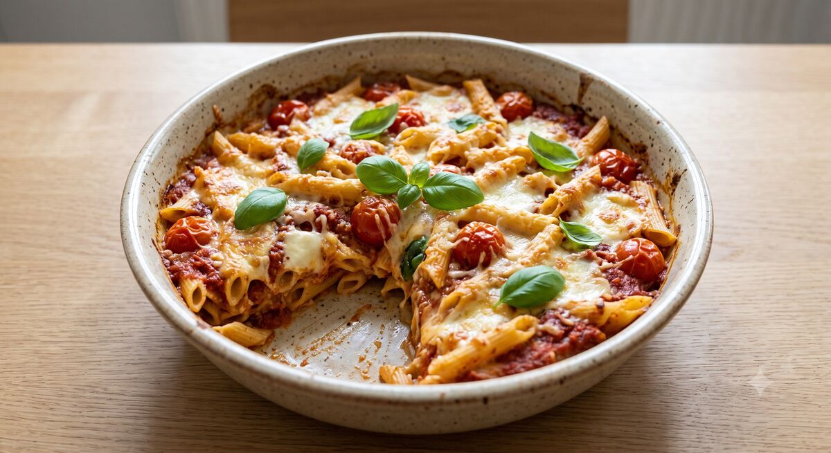 Gratinado de massa rápido de tomate e mozzarella