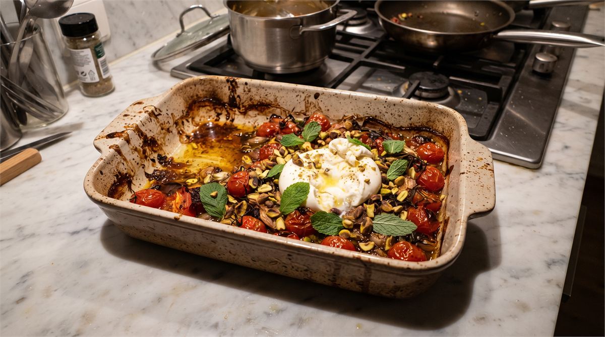 Honey roasted tomatoes with burrata and pistachios